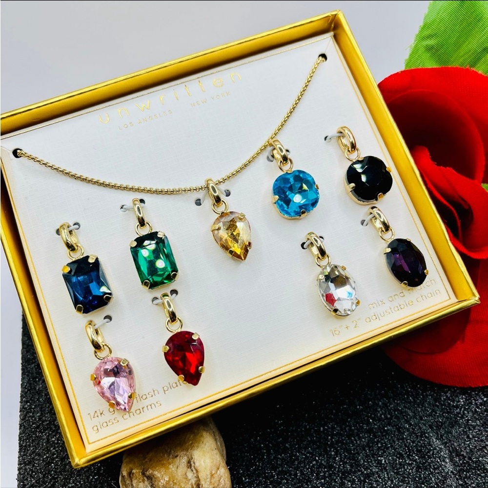 NEW 14k gold plated Multi-Color Glass charms Mix and Match Pendant Necklace Set
